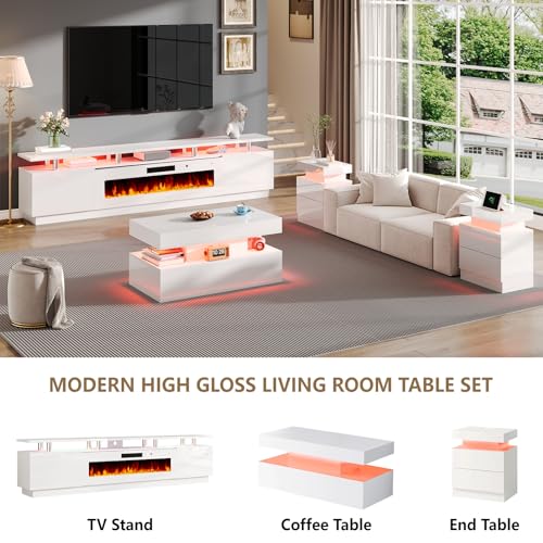Jocisland Fireplace TV Stand with 50" Fireplace, 90" Modern High Gloss Fireplace Entertainment Center LED Lights, 2 Tier TV Console Cabinet for TVs Up to 100", All White
