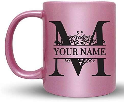 M - Custom Monogram Coffee Mugs - ADD YOUR NAME - Personalized Ceramic Cups - 11oz