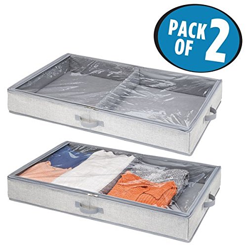 mDesign Fabric Under Bed Storage Organizer for Clothing, Linens, Accessories - Pack of 2, 2 Compartments, Gray