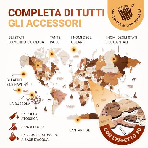 WOW WOOD® Wooden World Map 3D in Italian – High Quality Wall Decorations | Wall Mount Without Tools | Gift Idea for Any Occasion (113.00 x 213.00 CMS, Wood Colour)