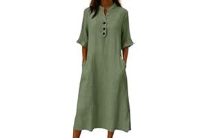 Women's Cotton Dresses Trendy V Neck Button Down 3/4 Length Sleeve Summer Dresses Gauze Midi Dress with Pocket