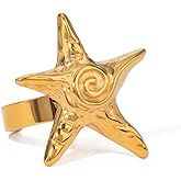 OIDIMS Vintage Starfish Statement Ring for Women Gold-Tone-Tone Stainless Steel Fashion Adjustable Ocean Sea Style Open Wrap Finger Rings Comfort Fit Chic Holiday Summer Party Jewelry Dainty Gift