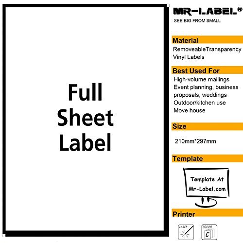 Mr-Label® Clear Full-Sheet Removable Adhesive Labels –Transparent Tear-Resistant Waterproof ...