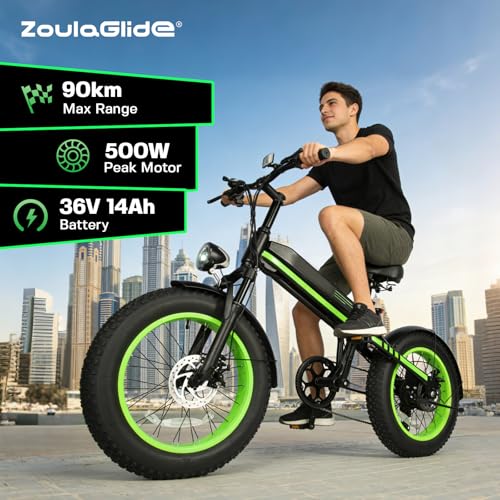 ZoulaGlide Electric Bike, 20 inch Fat Tire E-Bike for Adults, 500W Peak Motor with Pedal Assist, 90 KM Range, Adjustable Seat, 36V Battery, Dual Disc Brakes