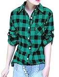 Allegra K Women Button Down Point Collar Plaid Pattern Shirts Green Black M