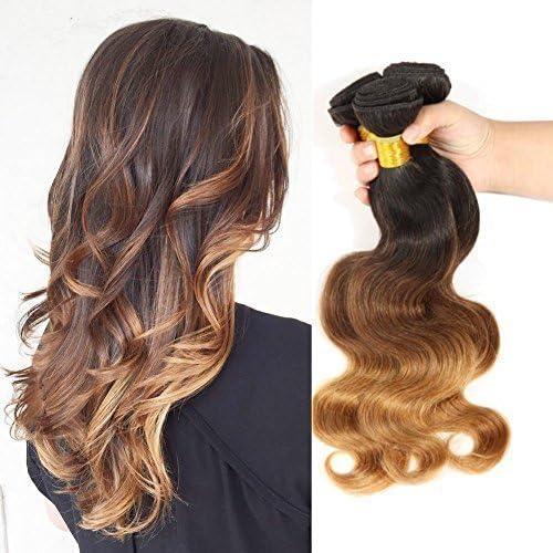 Beautyplus Hair 100% Real Unprocessed Human Hair Brazilian Ombre Body Wave Virgin remy Hair Extensions pack of 3 Bundles (Natural Black To Medium Brown To Caramel Blonde T1b/4/27)12 14 16 Inches