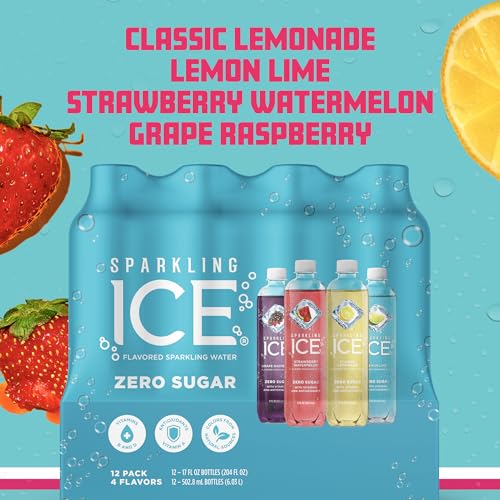 SPARKLING ICE BLUE VARIETY PACK, ZERO SUGAR SPARKLING WATER, WITH VITAMINS AND ANTIOXIDANTS, 17 FL OZ, 12 COUNT (CLASSIC LEMONADE, STRAWBERRY WATERMELON, GRAPE RASPBERRY, LEMON LIME)
