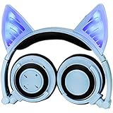 Wireless Bluetooth Cat Ear Headphones Adult, Topway Headset Flashing Glowing Cosplay Fancy Cat Headphones Foldable Over-Ear Earphone with LED Flash Light for Smartphones iPhone, Android,Macbook (Blue)