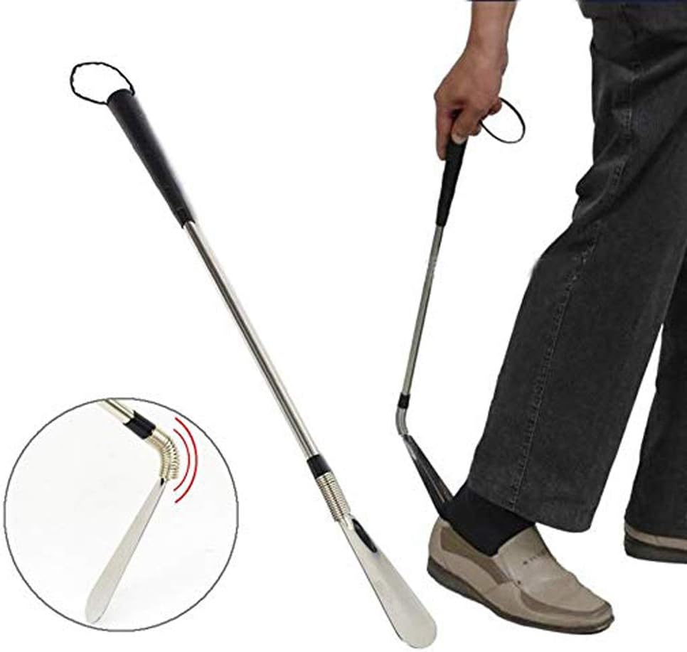 Metal Shoe Horns, Extra Long Shoe Horn with Flexible End and Double Sided Stainless Steel Travel Shoehorn with Leather Strap Superior for Boots, Shoes and More by Meiso (24")
