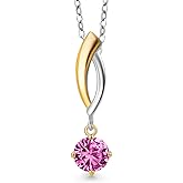 Gem Stone King 925 Silver and 10K Yellow Gold Pink Created Sapphire Pendant Necklace for Women | 0.55 Cttw | Gemstone September Birthstone | Round 5MM | With 18 Inch Silver Chain