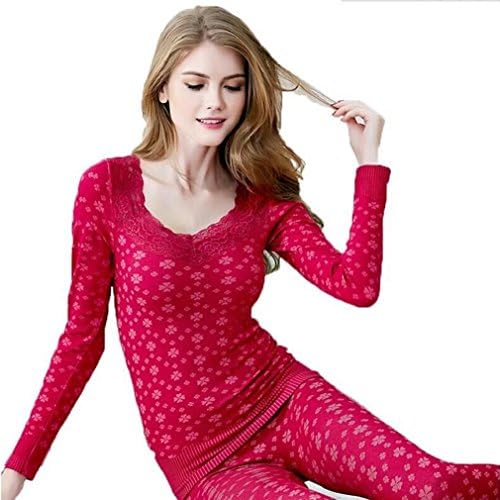 OYBY Women's Lace Stretch Seamless Thermal Underwear Set (Rose Red-B)