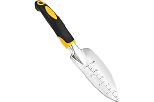 THOVORRNL Transplanter Trowel Garden Shovel Hand Trowel Cast-Aluminum Heavy Duty Gardening Tool Depth Marker Measurement Trowel with Ergo Handle for Digging and Planting Engraved Depth Guide (Yellow)