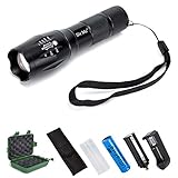 LAOPOMI LED Tactical Flashlight,1000 Lumen L2 Portable Outdoor Water Resistant Torch with Adjustable Focus and 5 Light Modes,Rechargeable 18650 Lithium Ion Battery and Charger