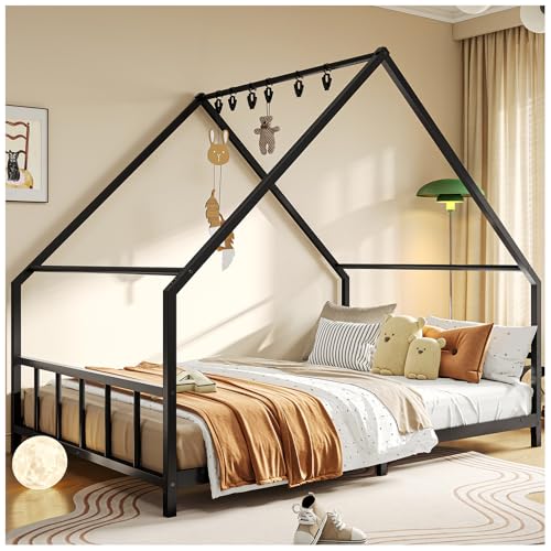 SIMPLE ESPACIO Base Cama Matrimonial,Base de Cama Matrimonial con Metal,Recamara matrimonial con Techo Triangular,Base para Cama Matrimonials con 6 Ganchos,Cabecero y Pie de Cama de Metal.(Negro)