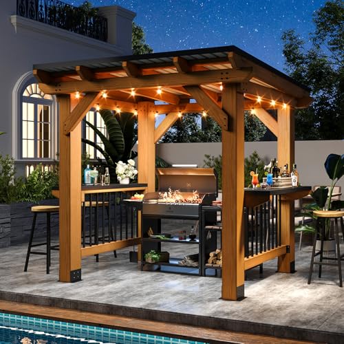 Aoxun 8x5 Cedar Wood Hardtop BBQ Gazebo with Galvanized Steel Roof & Side Shelves image 27