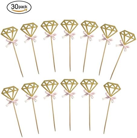 Kakasogo 30PCS Gold Glitter Diamond Ring with bowknot Cupcake Topper Cake Picks for bridal Marriage Engagement Anniversary Birthday Valentines Party Dessert Baby Shower Photo Props Supplies
