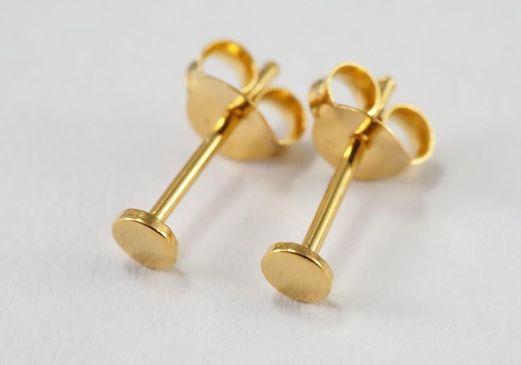 GreenCatJewelry 1Pair 925 Sterling Silver Earring Cartilage Minimal Ear Stud Helix Nail Shape Flat Round Disc 3mm (Gold Plated)