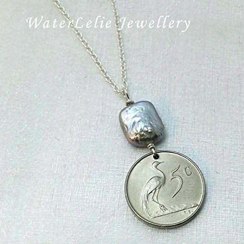 Coin Necklace. Crane bird necklace. Bird necklace. South Africa necklace. Freshwater pearl necklace. Coin Jewelry.