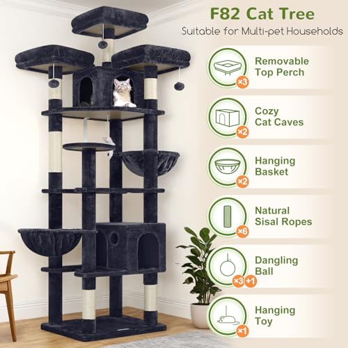 Globlazer XXL Cat Tree 209 cm with 3 Padded Perches, 2 Kennels, Large Platforms, 2 Baskets, Plush Toys, Huge, Stable Cat Trees for 3-5 Cats Indoor (F82, Dark Grey)