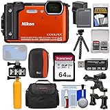 Nikon Coolpix W300 4K Wi-Fi Shock & Waterproof Digital Camera (Orange) + 64GB Card + Battery & Charger + Diving LED Video Light + Buoy + Cases + Tripod Kit