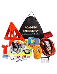 Adakiit Kit de emergencia para coche, multifuncional, kit de asistencia de emergencia 40 en 1 con cables de puente, cuerda de remolque, triángulo, linterna, medidores de presión de neumáticos, martillo de seguridad, etc.