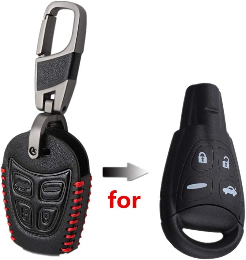 Happyit Leather Car Key Cover Cases Keychain for SAAB 9-3 9-5 93 95 4 Buttons Car Remote Accessories, Black, 20 cubic centimeters - Image 3