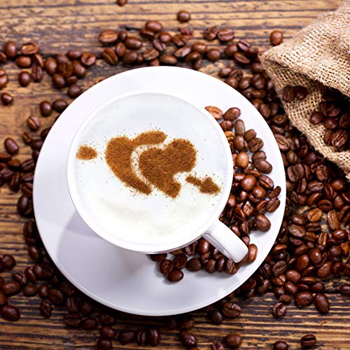 Xinzistar Kakaostreuer für Cappuccino Edelstahl Kakao Streuer Cappuccino mit 16 Schablone Puderzuckerstreuer Staubzuckerstreuer Schokoladenstreuer Kaffeezubehör mit Coffee Art Pull Pin, Rührlöffel – Bild 5