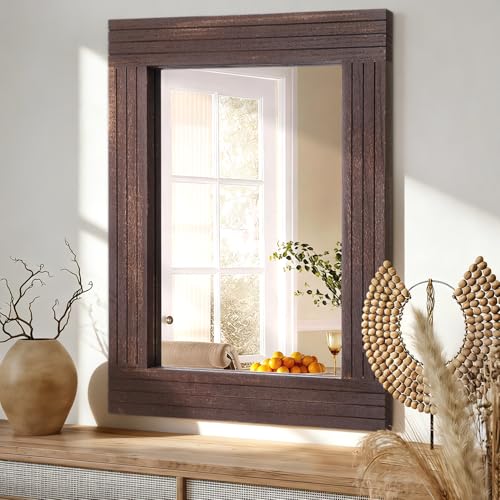 HLFMVWE Mirrors for Wall Rustic Wooden Frame Rectangle Mirror Vintage Hanging Mirror for Bedroom Bathroom Living Room Farmhouse Wall Decor Brown Small 30x40cm — image 1