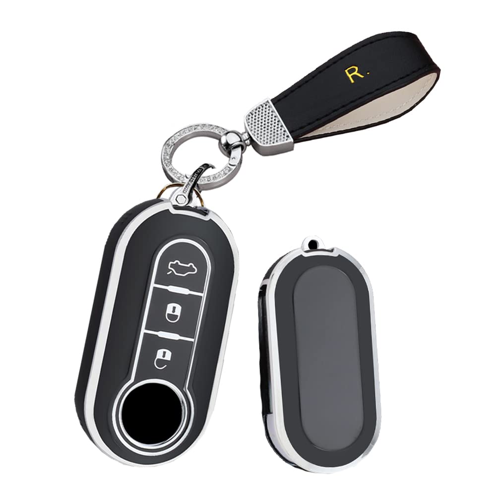 HIBEYO Flip Key Car Key Case Fits Fiat Key Case Silicone Protective Case for Fiat 500L Ducato Panda Punto Bravo Ducato Musa Key Box Remote Key Flip BlingKey Ring Black