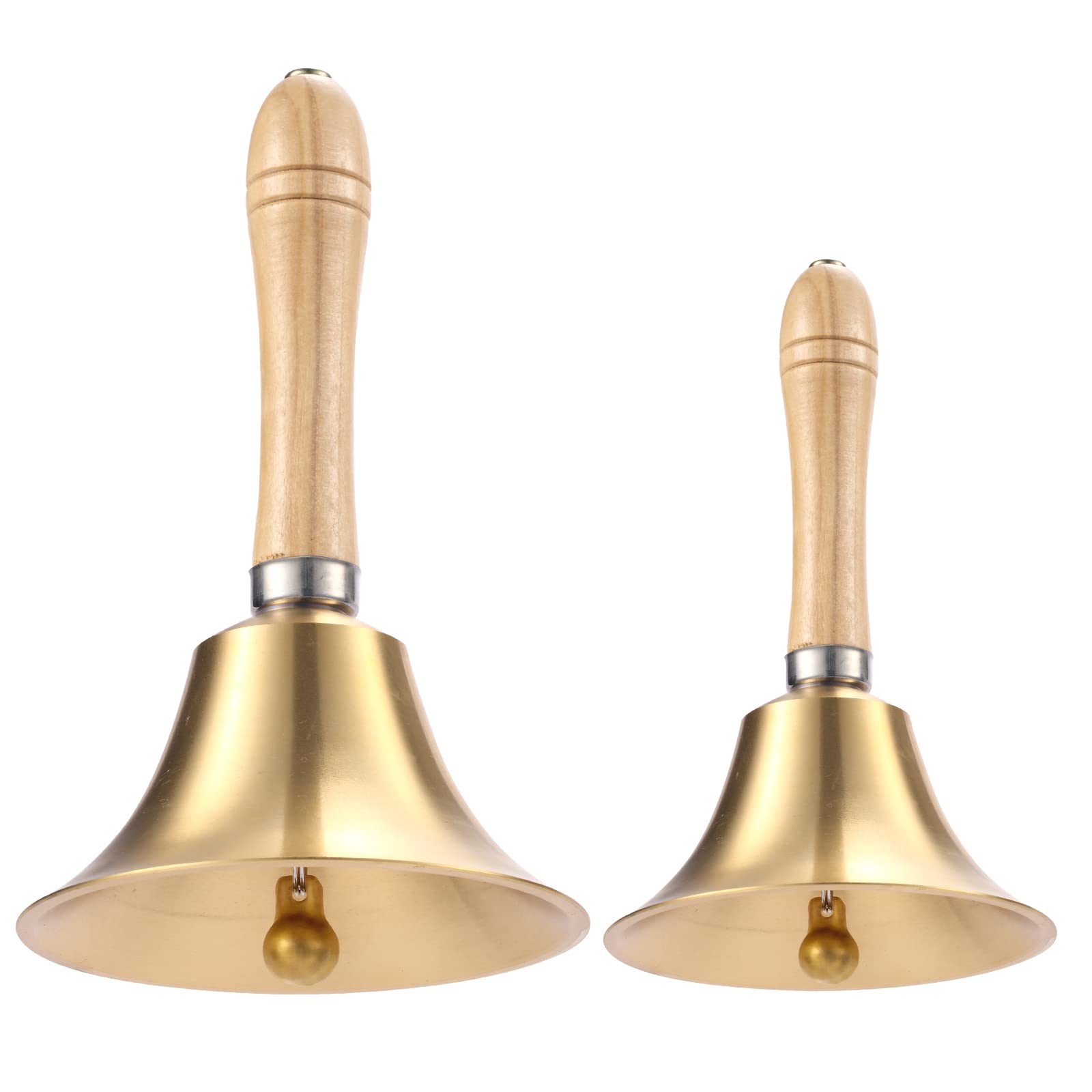 2 Packs Hand Bell, Super Loud Solid Brass Hand Call Bell with Wood Handle, 3.15 Inch(8cm) and 4.3 Inch(11cm) Handbell Loud Ringing Bell for Weddings, Christmas, School, Service