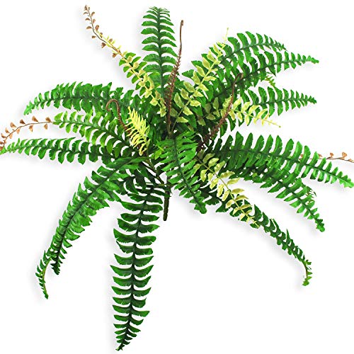 Ollain Artificial Boston Fern Plants Bush Shrubs Fake Faux Fern Silk Fronds Plant Greenery Bushes Flower UV Resistant for Garden Indoor Outdoor Hanging Decor (28 Leaves)