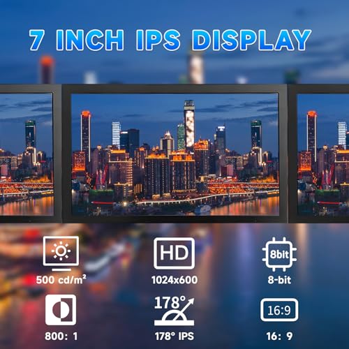 7 Inch Mini Monitor HDMI, Portable Vga Monitor with AV BNC 1024×600 IPS LCD screen, with 178° View Angle and Built-in Speakers, Multi-Function Small Display for Raspberry Pi PC/TV/DVD/CVBS(Non-Touch)
