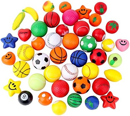 Kids Toy Balls Mini Sport Stress Balls Squeeze Foam Fruit Toy 24pcs Assorted Packing Color Shape Training Toys Variety of Size 4cm-8cm Balls for Anxiety Relief Relaxation ADHD Party Favor Toy