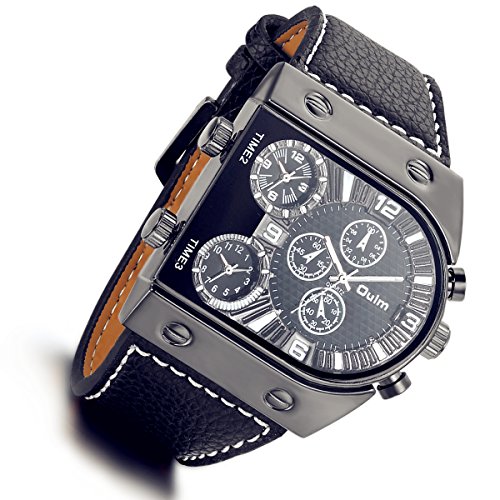 Men's Military Army Big Face Watches 3 Time-Zone Supported Japan Quartz Black Leather Wristwatch