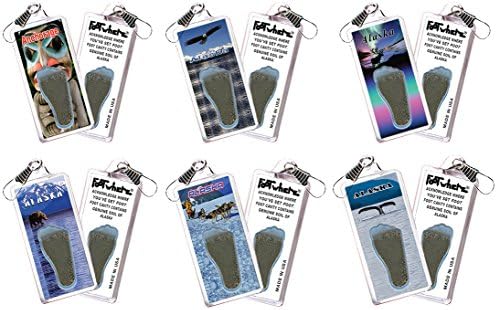 Alaska"FootWhere" Zipper-Pulls. 6 Piece Set. Authentic Destination Souvenir acknowledging Where You've Set Foot. Genuine Soil of Featured Location encased Inside Foot Cavity. Made in USA