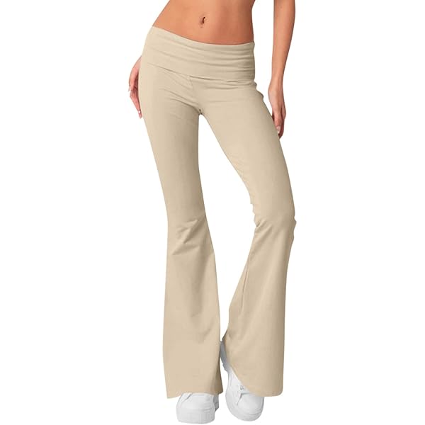 Women's Low Rise Fold Over Flare Leggings Soft Cotton Sweatpants