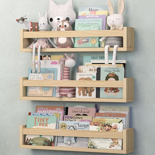 NATURE SUPPLIES Set of 3, Floating Book Shelves for Nursery in Natural Wood, 23.1" Floating Book Shelves, Wall Book Shelf for Nursery Decor