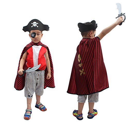 4 Pieces Kid’s Pirate Role Play Set fedio Pirate Costume with Cape, Hat, Eye Patch and Sword for Children Ages 3-6