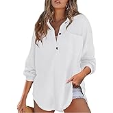 Women’s Waffle Knit Tops Loose Long Sleeve Tops Button Up Henley Shirts V Neck Solid Color Casual Tunic Pullover Tops