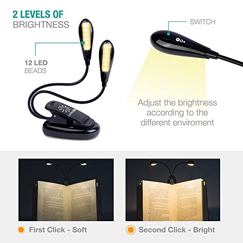LuminoLite Rechargeable 12 LED Eye-Care Warm Book Light, Clip On Bed Reading Light, Music Stand Lamp, 2 Brightness, 2 Goosenecks Light Up 2 Full Pages. Perfect For Bookworms, Kids & Music Players Tools & Home Improvement, Lighting & Ceiling Fans, Novelty Lighting, Book Lights