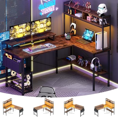 iSunirm L Shaped Gaming Desk with Power Outlets & LED Lights, Small L- Shaped Computer Corner Desk with Monitor Stand & Storage Shelf, Gaming Table with Storage Bag, Brown