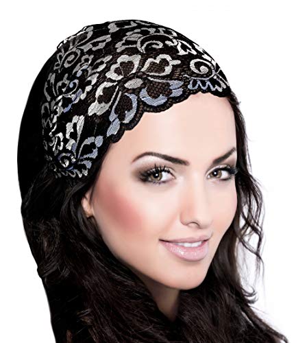 ShariRose Stunning Stretch Wide Floral Lace Headbands in Many Beautiful Colors Handmade (Black Silver) - Thumbnail 2