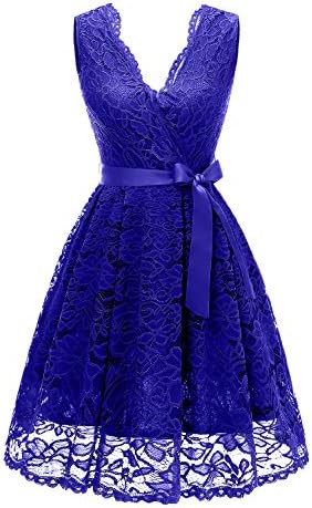 Vinvv Women's Short Vintage Floral Lace Dress V-Neck Sleeveless Belt Bridesmaid Party Cocktail Dress