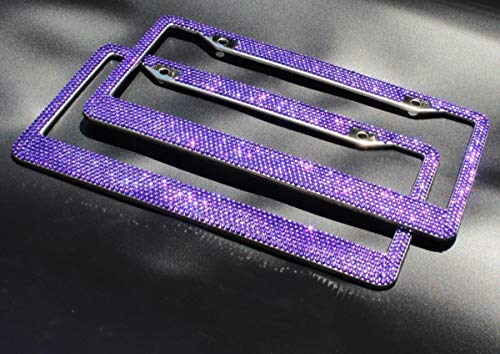 JUSHACHENGTA 8 Rows Handmade Bling Bling Rhinestones Stainless Steel Car License Plate Frame with Screws Caps-2 Pack
