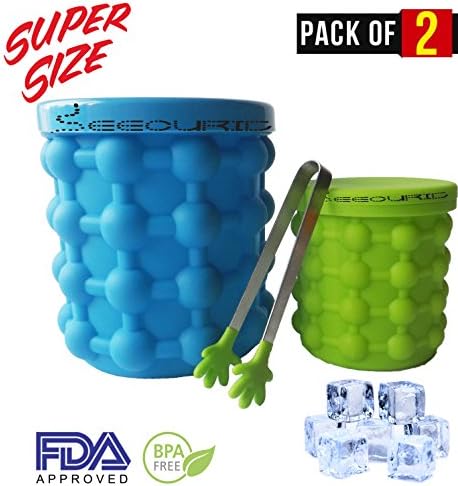Extra Large + Small Ice Cube Maker Genie with Ice Tongs, Silicone Mold Dual-use Ice Bucket with Lid Space Saving Ice Cube Makers 2 PACK for Almost All Bottles Possible and More Chilling Opportunity