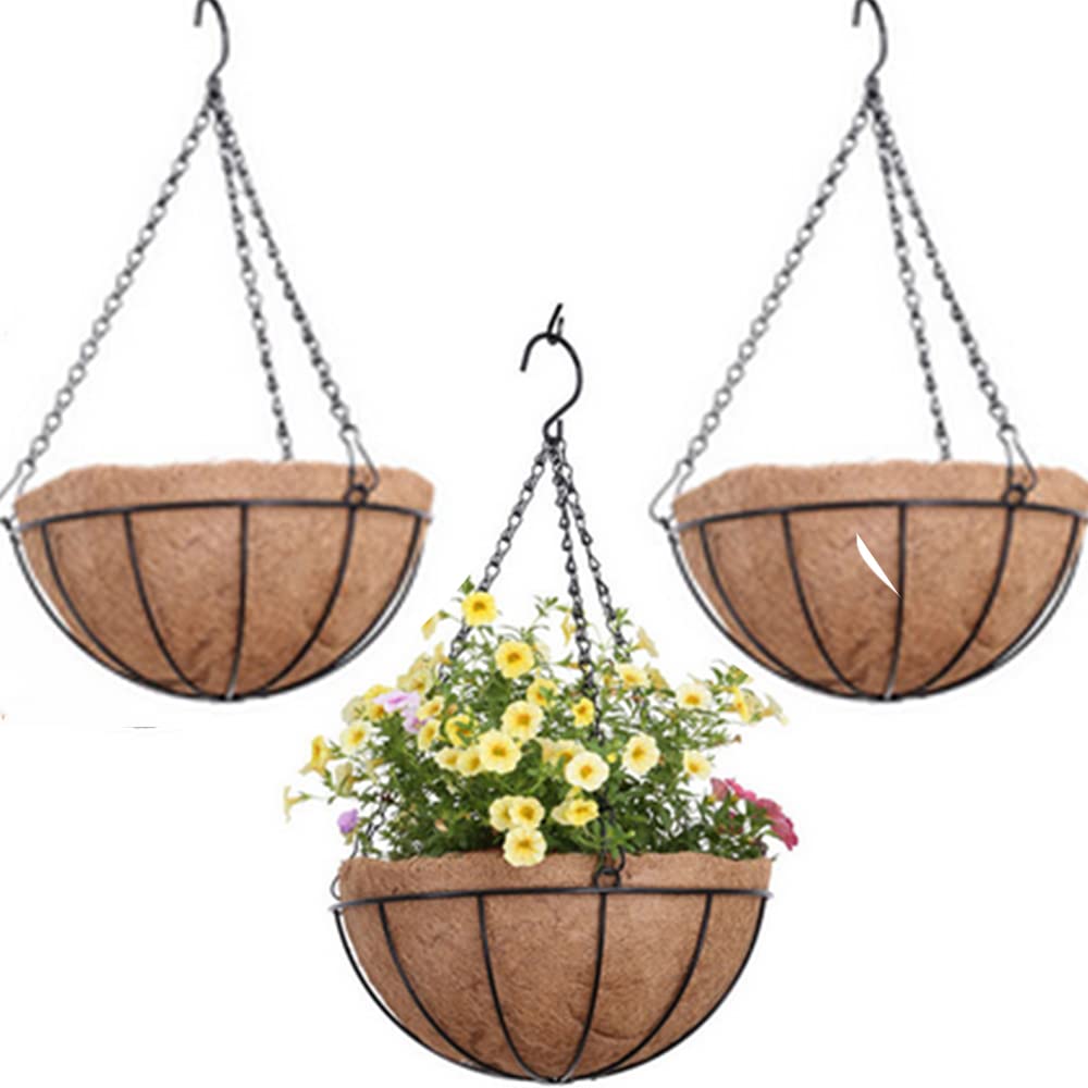 2 Pack Metal Hanging Planter Baske with Coco Coir Liner Round Wire Plant Holder Chain Porch Decor Flower Pots Hanger Garden Decoration Indoor Outdoor Watering Hanging Baskets (10 INCH)