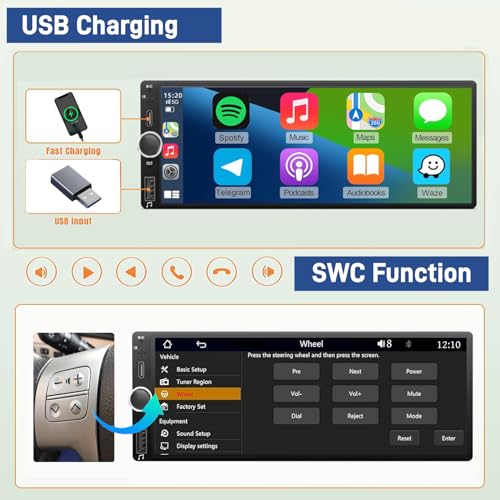 Wireless Car Radio CarPlay 1 DIN – 6.86 Inch Touchscreen Stereo Bluetooth with Screen, 1 Din Car Play Radio Supports Mirror Link with Camera, RDS FM Radio/Type-C Recharge/Mic/SWC