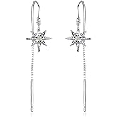 TANGPOET Sun Moon Star Threader Earrings for Women 925 Sterling Silver Synthetic Opal Long Chain Thread Earrings Hypoallergenic Celestial Jewelry Gifts for Birthday Mother's Day Christmas