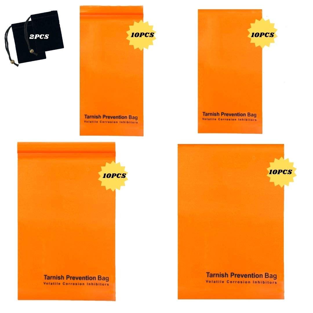 A-ONE VCI Rust Prevention Bags For Silver Brass Copper, Zipper Reclosable Bags & Flat Open-Ended Bag, 3.2” x 6” & 4” x 6” 40pcs and 2 Velvet Storage Bags (Without Tarnish Prevention Function)
