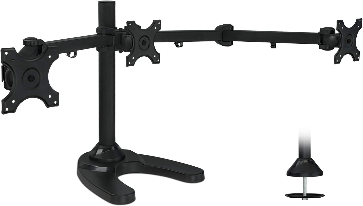 Mount-It! Triple Monitor Stand | 3 Monitor Stand Mount | Free Standing and Grommet Bases | Fits 19 20 21 22 23 24 Inch Computer Screens | Three Heavy Duty Adjustable Arms | VESA 75 100 Compatible